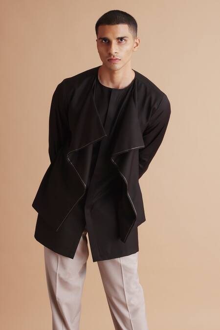 Shop_Tisa - Men_Black Terry Rayon Solid Ruffle Overlap Panel Kurta_Online_at_Aza_Fashions