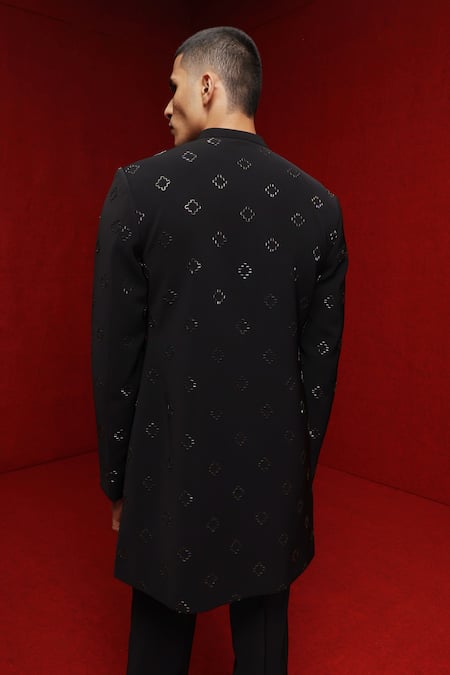 Shop Tisa - Men Black Bandhgala Viscose Polyester Cutdana Embellished Geometric With Pant at Aza Fashions Shop_Tisa - Men_Black Bandhgala Viscose Polyester Cutdana Embellished Geometric With Pant_at_Aza_Fashions