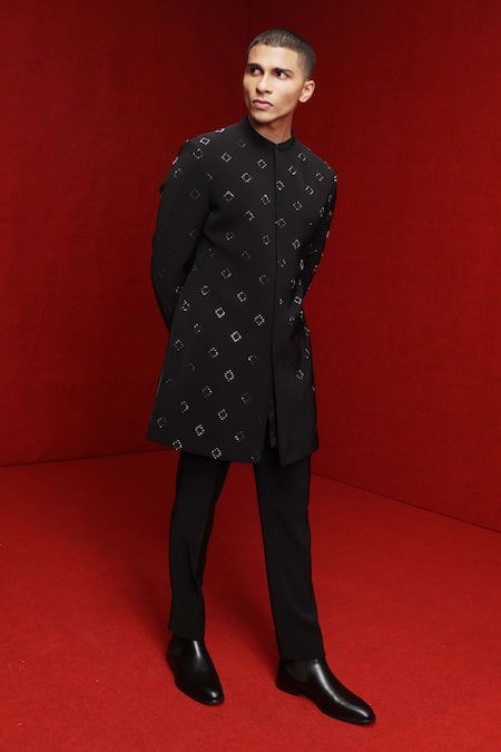 Tisa - Men Black Bandhgala Viscose Polyester Cutdana Embellished Geometric With Pant Online at Aza Fashions Tisa - Men_Black Bandhgala Viscose Polyester Cutdana Embellished Geometric With Pant_Online_at_Aza_Fashions