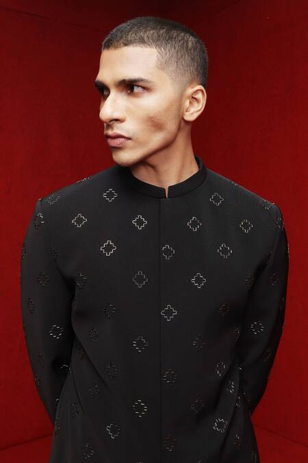 Buy Tisa - Men Black Bandhgala Viscose Polyester Cutdana Embellished Geometric With Pant Online at Aza Fashions Buy_Tisa - Men_Black Bandhgala Viscose Polyester Cutdana Embellished Geometric With Pant_Online_at_Aza_Fashions