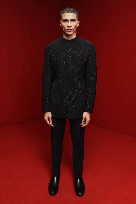 Buy Tisa - Men Black Bandhgala Viscose Polyester Cutdana Embellished Wave With Pant Online at Aza Fashions Buy_Tisa - Men_Black Bandhgala Viscose Polyester Cutdana Embellished Wave With Pant_Online_at_Aza_Fashions
