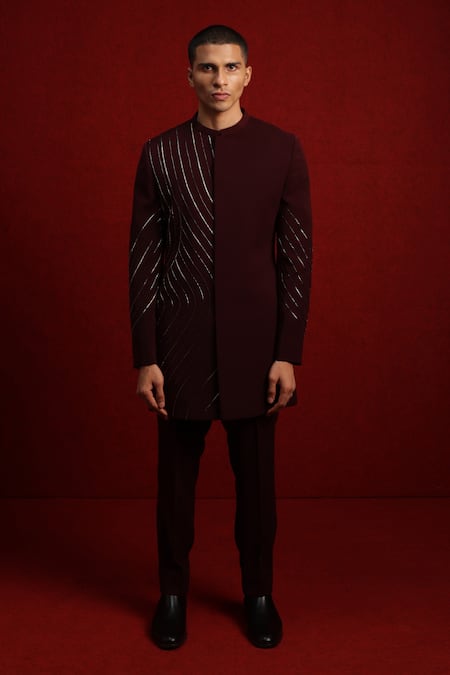 Tisa - Men Maroon Viscose Polyester Embroidery Cutdana Bandhgala Set 