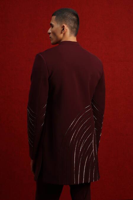 Shop_Tisa - Men_Maroon Viscose Polyester Embroidery Cutdana Bandhgala Set_at_Aza_Fashions
