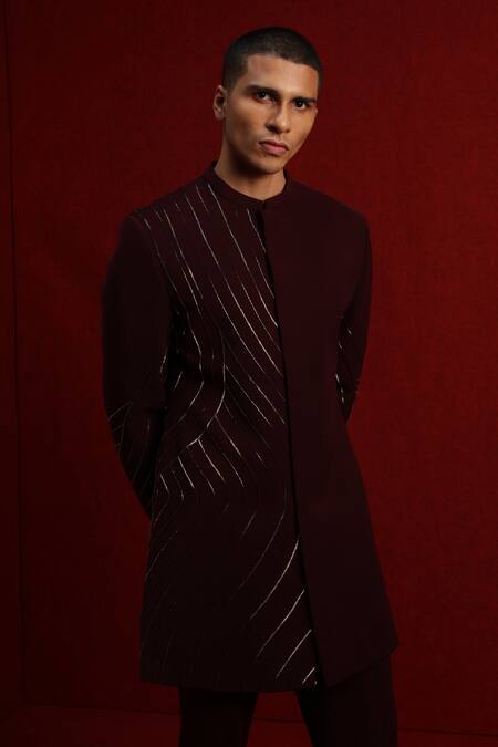 Buy_Tisa - Men_Maroon Viscose Polyester Embroidery Cutdana Bandhgala Set_Online_at_Aza_Fashions