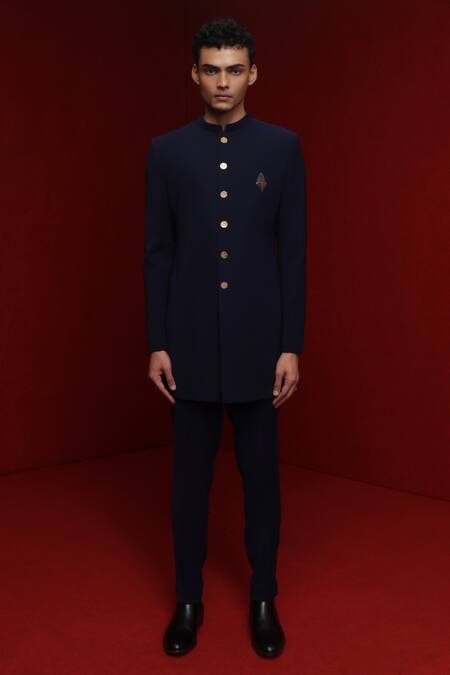 Buy Tisa - Men Blue Viscose Polyester Embroidery Cutdana Leaf Placement Bandhgala Set Online at Aza Fashions Buy_Tisa - Men_Blue Viscose Polyester Embroidery Cutdana Leaf Placement Bandhgala Set_Online_at_Aza_Fashions