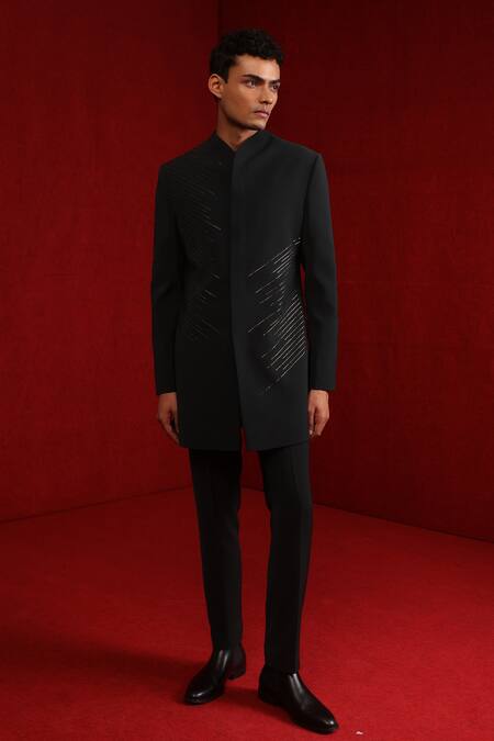 Shop_Tisa - Men_Green Viscose Polyester Embroidery Cutdana Diagonal Strike Bandhgala Set_at_Aza_Fashions