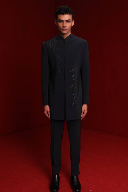 Tisa - Men_Green Viscose Polyester Embroidery Cutdana Diagonal Strike Bandhgala Set_Online_at_Aza_Fashions