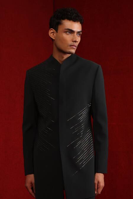 Buy_Tisa - Men_Green Viscose Polyester Embroidery Cutdana Diagonal Strike Bandhgala Set_Online_at_Aza_Fashions