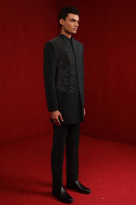 Tisa - Men_Green Viscose Polyester Embroidery Cutdana Diagonal Strike Bandhgala Set_at_Aza_Fashions