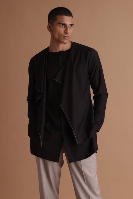 Tisa - Men_Black Cotton, Terrycloth Solid Kurta And Pant Set_Online_at_Aza_Fashions