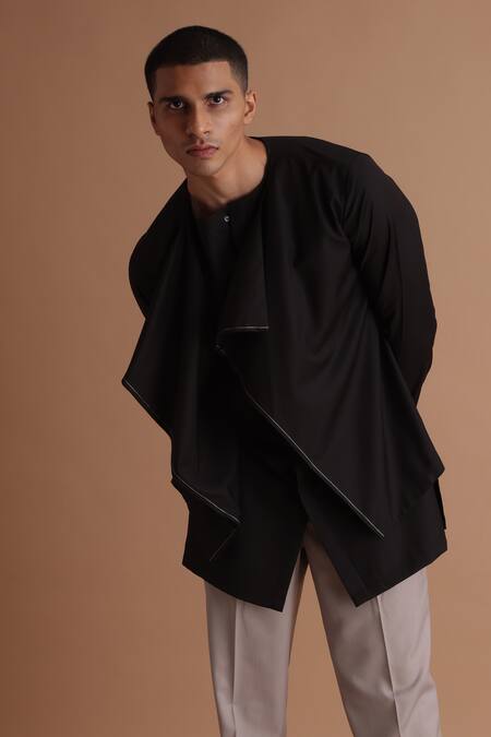 Shop_Tisa - Men_Black Cotton, Terrycloth Solid Kurta And Pant Set_Online_at_Aza_Fashions