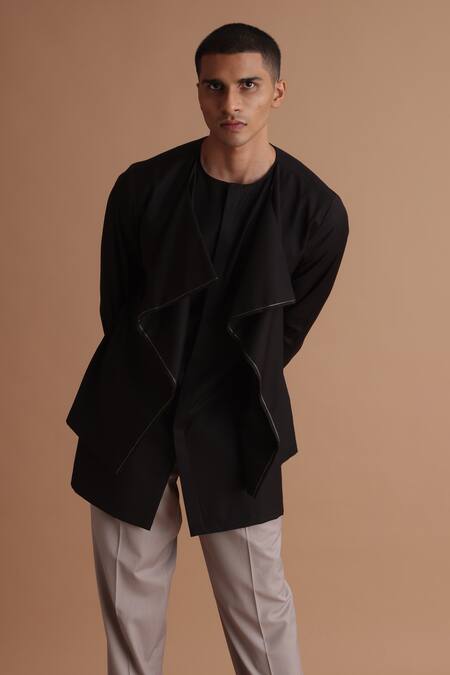 Tisa - Men_Black Cotton, Terrycloth Solid Kurta And Pant Set_at_Aza_Fashions