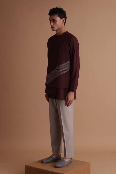 Shop Tisa - Men Maroon Cotton, Terrycloth, Linen Stitchline Thread Work Jacket And Kurta Set at Aza Fashions Shop_Tisa - Men_Maroon Cotton, Terrycloth, Linen Stitchline Thread Work Jacket And Kurta Set_at_Aza_Fashions