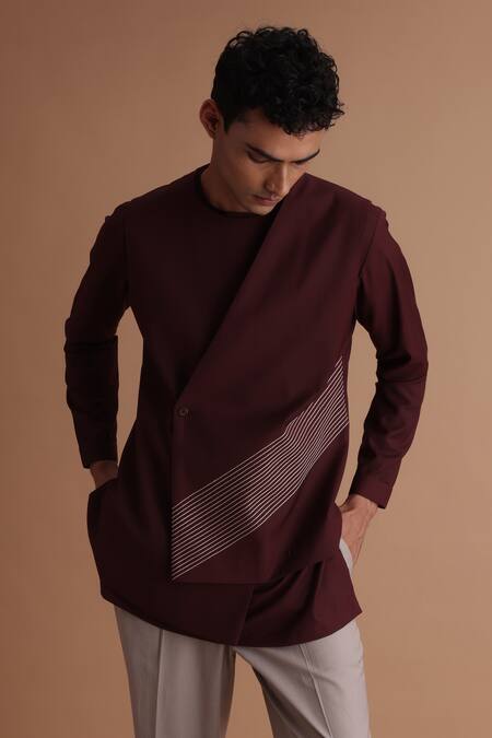 Tisa - Men Maroon Cotton, Terrycloth, Linen Stitchline Thread Work Jacket And Kurta Set Online at Aza Fashions Tisa - Men_Maroon Cotton, Terrycloth, Linen Stitchline Thread Work Jacket And Kurta Set_Online_at_Aza_Fashions