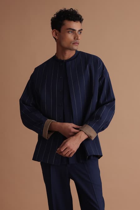 Tisa - Men_Blue Cotton, Terrycloth, Rayon Embroidery Stitchline Thread Jacket And Shirt Set_Online_at_Aza_Fashions