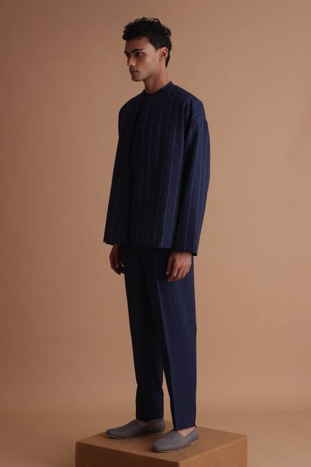 Shop_Tisa - Men_Blue Cotton, Terrycloth, Rayon Embroidery Stitchline Thread Jacket And Shirt Set_Online_at_Aza_Fashions