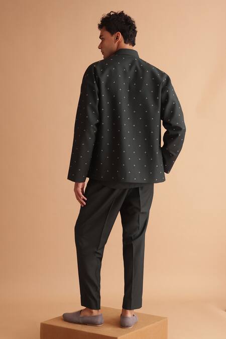 Shop Tisa - Men Green Cotton, Terrycloth Embroidery Thread Jacket And Shirt Set at Aza Fashions Shop_Tisa - Men_Green Cotton, Terrycloth Embroidery Thread Jacket And Shirt Set_at_Aza_Fashions