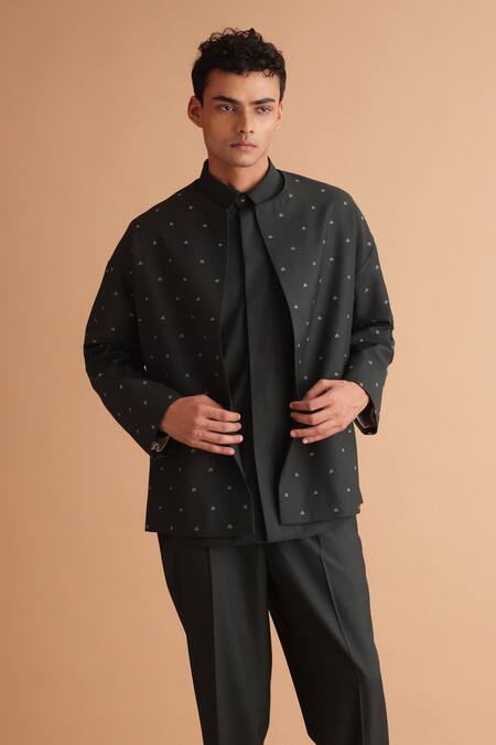 Shop Tisa - Men Green Cotton, Terrycloth Embroidery Thread Jacket And Shirt Set Online at Aza Fashions Shop_Tisa - Men_Green Cotton, Terrycloth Embroidery Thread Jacket And Shirt Set_Online_at_Aza_Fashions