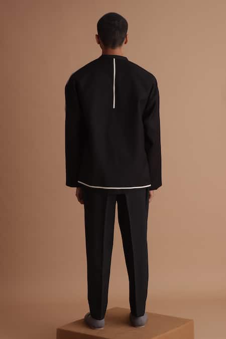 Shop Tisa - Men Black Terrycloth, Cotton, Rayon Tape Placement Embellished Jacket And Shirt Set at Aza Fashions Shop_Tisa - Men_Black Terrycloth, Cotton, Rayon Tape Placement Embellished Jacket And Shirt Set_at_Aza_Fashions