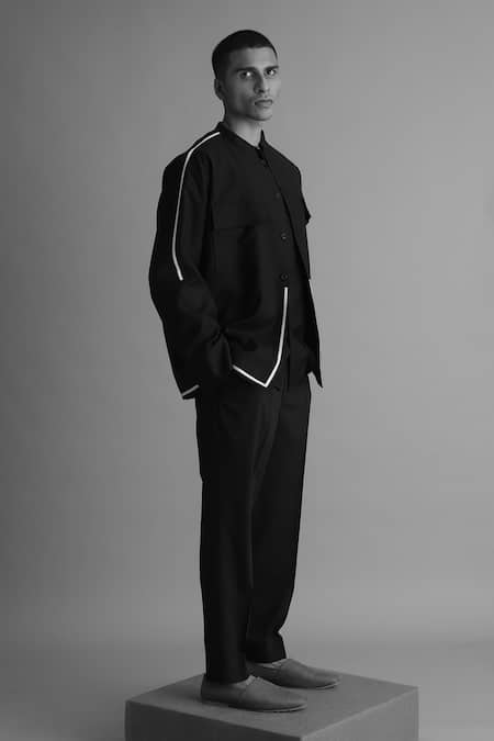 Shop Tisa - Men Black Terrycloth, Cotton, Rayon Tape Placement Embellished Jacket And Shirt Set Online at Aza Fashions Shop_Tisa - Men_Black Terrycloth, Cotton, Rayon Tape Placement Embellished Jacket And Shirt Set_Online_at_Aza_Fashions