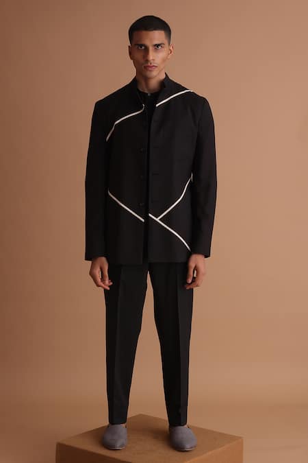 Tisa - Men Black Terry Rayon Embellished Tape Jacket And Shirt Set 