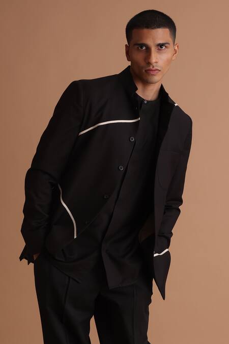 Tisa - Men_Black Terrycloth, Cotton Tape Embellished Jacket And Shirt Set_Online_at_Aza_Fashions