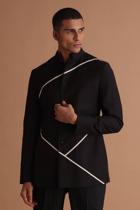 Buy_Tisa - Men_Black Terrycloth, Cotton Tape Embellished Jacket And Shirt Set_Online_at_Aza_Fashions