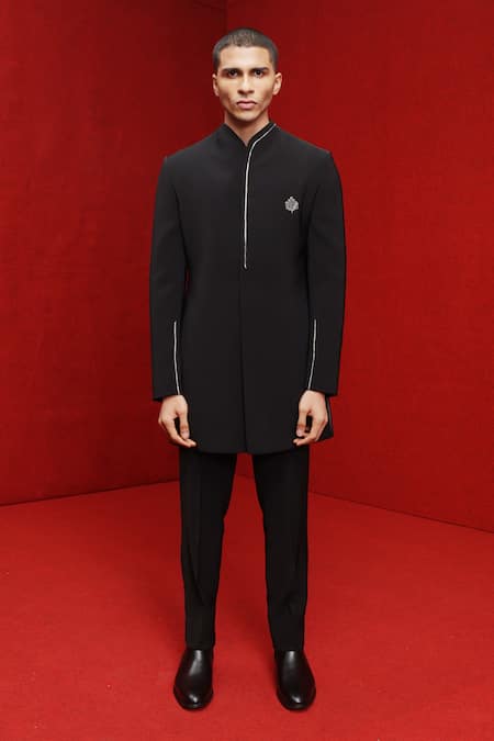 Shop Tisa - Men Black Bandhgala And Pant Viscose Polyester Cutdana Embellished With at Aza Fashions Shop_Tisa - Men_Black Bandhgala And Pant Viscose Polyester Cutdana Embellished With_at_Aza_Fashions