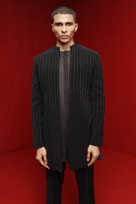 Buy Tisa - Men Black Sherwani And Pant Viscose Polyester Cutdana Embellished Stripe Open Set Online at Aza Fashions Buy_Tisa - Men_Black Sherwani And Pant Viscose Polyester Cutdana Embellished Stripe Open Set_Online_at_Aza_Fashions