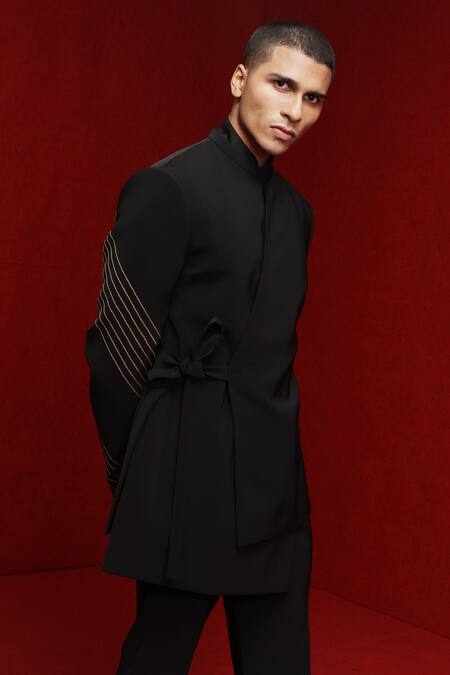 Tisa - Men_Black Sherwani And Pant Viscose Polyester Sequin Embellished Overlap Panel With_Online_at_Aza_Fashions