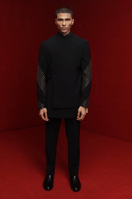 Buy_Tisa - Men_Black Sherwani And Pant Viscose Polyester Sequin Embellished Overlap Panel With_Online_at_Aza_Fashions