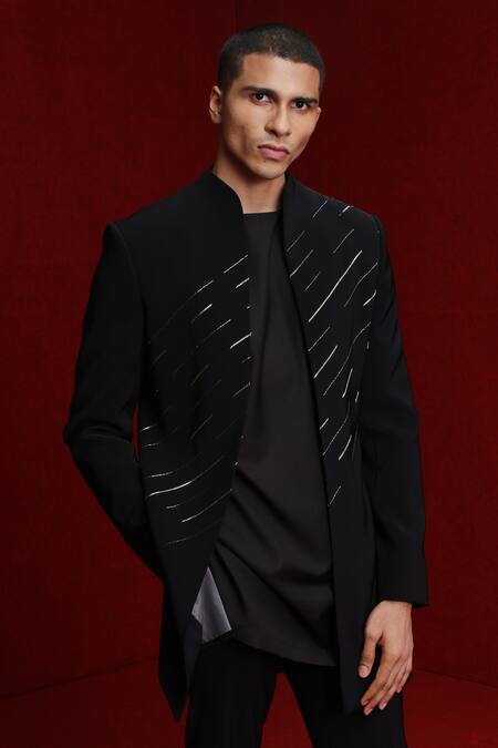 Tisa - Men_Black Sherwani And Pant Viscose Polyester Sequin Embellished Cutdana Open Set_Online_at_Aza_Fashions