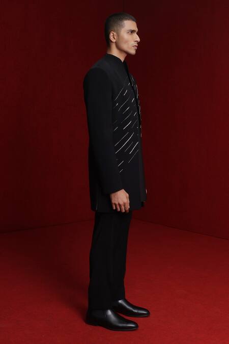 Buy_Tisa - Men_Black Sherwani And Pant Viscose Polyester Sequin Embellished Cutdana Open Set_Online_at_Aza_Fashions