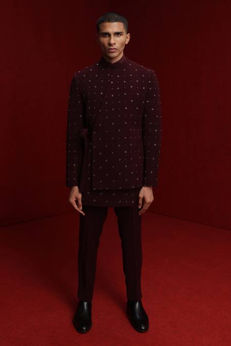 Tisa - Men_Maroon Sherwani And Pant Viscose Polyester Cutdana Overlap Panel With_Online_at_Aza_Fashions