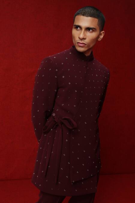 Buy_Tisa - Men_Maroon Sherwani And Pant Viscose Polyester Cutdana Overlap Panel With_Online_at_Aza_Fashions