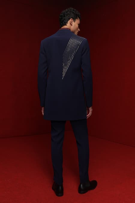 Shop Tisa - Men Blue Bandhgala And Pant Viscose Polyester Embroidery Placement & Kurta Set at Aza Fashions Shop_Tisa - Men_Blue Bandhgala And Pant Viscose Polyester Embroidery Placement & Kurta Set_at_Aza_Fashions