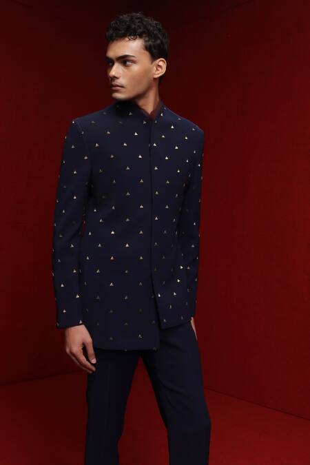 Shop_Tisa - Men_Blue Bandhgala And Pant Viscose Polyester Embroidery Abstract & Kurta Set_Online_at_Aza_Fashions