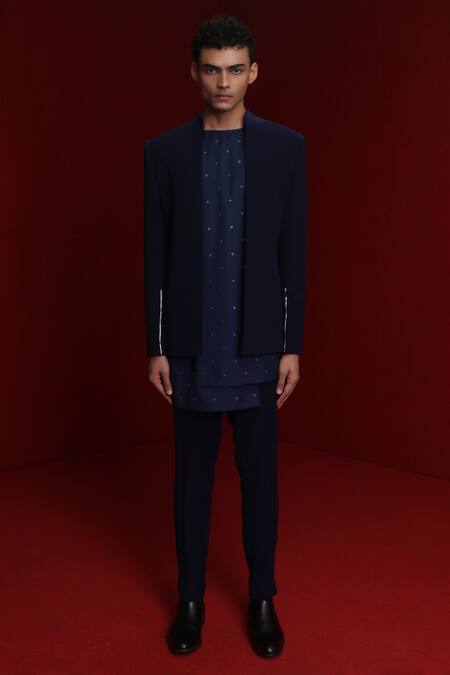 Shop Tisa - Men Blue Sherwani And Pant Viscose Polyester Embroidery Cutdana Sleeve & Kurta Set at Aza Fashions Shop_Tisa - Men_Blue Sherwani And Pant Viscose Polyester Embroidery Cutdana Sleeve & Kurta Set_at_Aza_Fashions