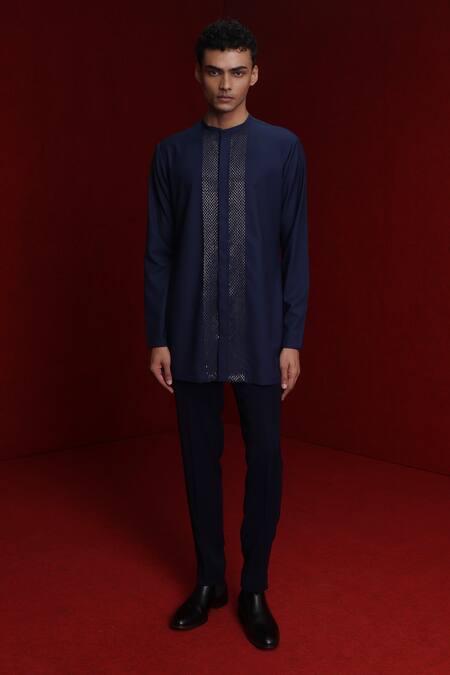 Shop Tisa - Men Blue Sherwani And Pant Viscose Polyester Embroidery Cutdana & Kurta Set at Aza Fashions Shop_Tisa - Men_Blue Sherwani And Pant Viscose Polyester Embroidery Cutdana & Kurta Set_at_Aza_Fashions