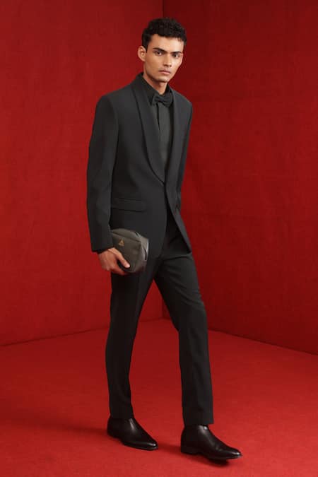 Shop_Tisa - Men_Green Suit And Trouser Viscose Polyester Plain Shawl Lapel Collar Set_at_Aza_Fashions