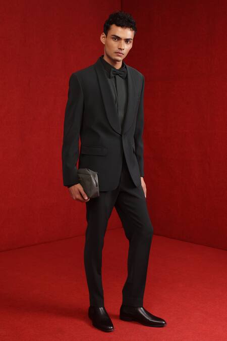 Tisa - Men_Green Suit And Trouser Viscose Polyester Plain Shawl Lapel Collar Set_at_Aza_Fashions