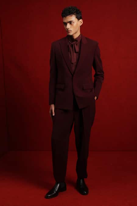 Tisa - Men Maroon Suit And Trouser Viscose Shawl Lapel Collar Full Sleeve Set 