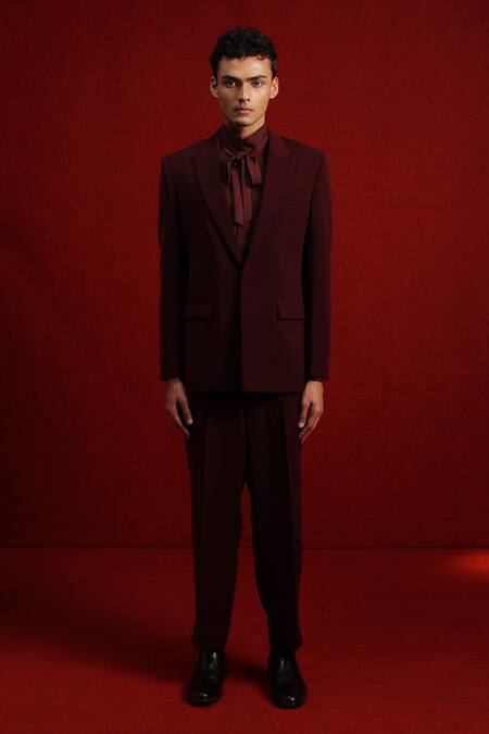 Buy Tisa - Men Maroon Suit And Trouser Viscose Polyester Shawl Lapel Collar Full Sleeve Set Online at Aza Fashions Buy_Tisa - Men_Maroon Suit And Trouser Viscose Polyester Shawl Lapel Collar Full Sleeve Set_Online_at_Aza_Fashions