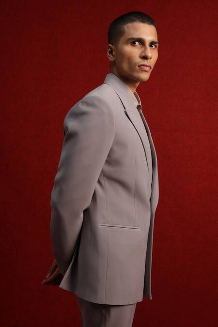 Buy_Tisa - Men_Grey Suit And Trouser Viscose Polyester Plain Full Sleeve Set_Online_at_Aza_Fashions