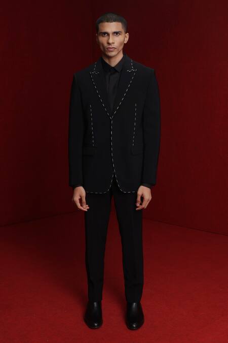 Tisa - Men Black Suit And Trouser Viscose Polyester Stitchline Thread Embroidery Set Online at Aza Fashions Tisa - Men_Black Suit And Trouser Viscose Polyester Stitchline Thread Embroidery Set_Online_at_Aza_Fashions