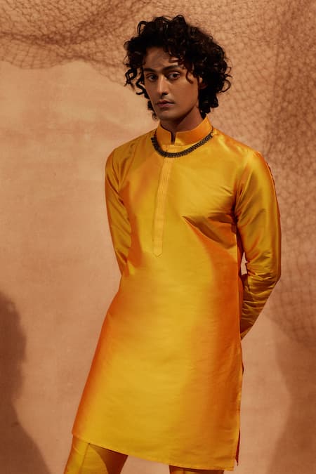 Eleven Brothers_Yellow Silk, Cotton Embroidery Solid Straight Kurta And Pant Set _Online_at_Aza_Fashions
