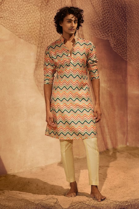 Eleven Brothers Beige Kurta Silk Printed Geometric Spring Day And Pant Set
