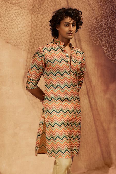 Shop Eleven Brothers Beige Silk, Cotton Spring Day Geometric Kurta And Pant Set at Aza Fashions Shop_Eleven Brothers_Beige Silk, Cotton Spring Day Geometric Kurta And Pant Set _at_Aza_Fashions