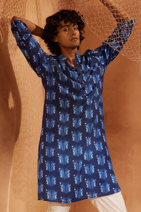 Eleven Brothers Blue Kurta Silk Sea Birds And Pant Set 