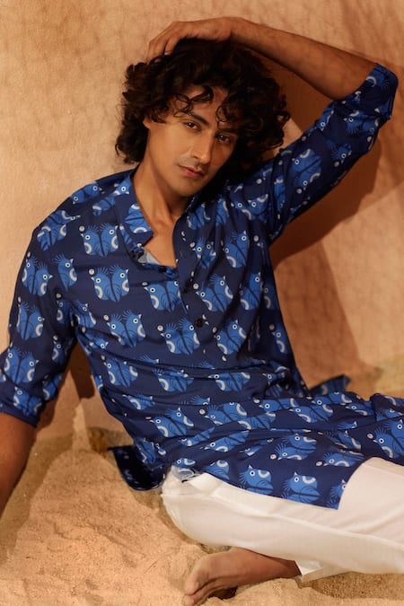 Shop Eleven Brothers Blue Silk, Cotton Embroidery Sea Birds Printed Kurta And Pant Set at Aza Fashions Shop_Eleven Brothers_Blue Silk, Cotton Embroidery Sea Birds Printed Kurta And Pant Set _at_Aza_Fashions